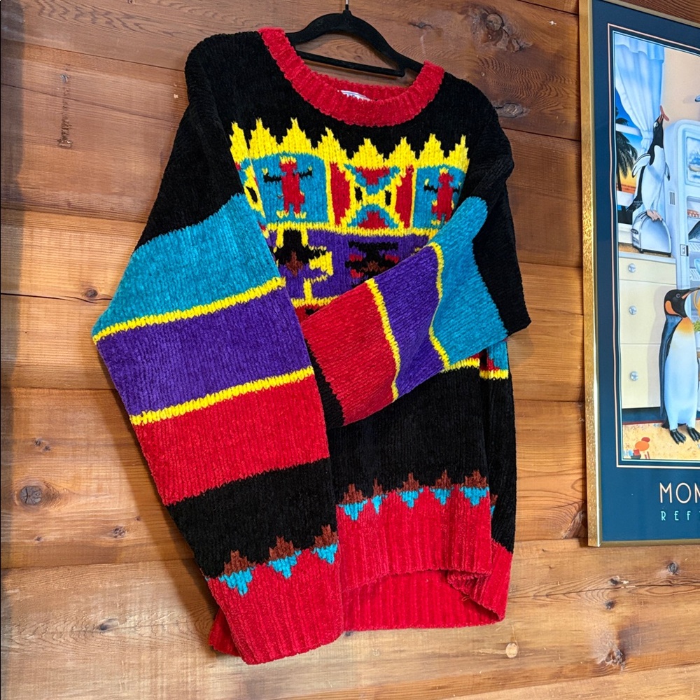 1990 Pioneer Wear Quailty In Action, Geometric Chenille Sweater, Size Small